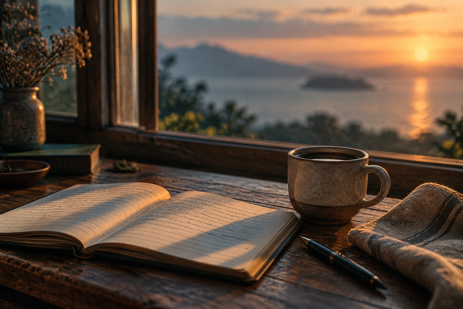 An open notebook and a cup of coffee by a window at dawn