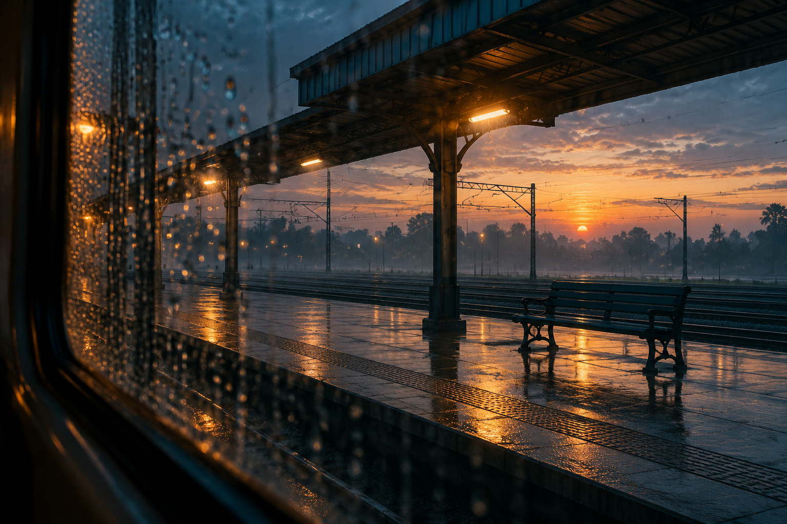 An empty train platform at dawn, seen through a rain-flecked window